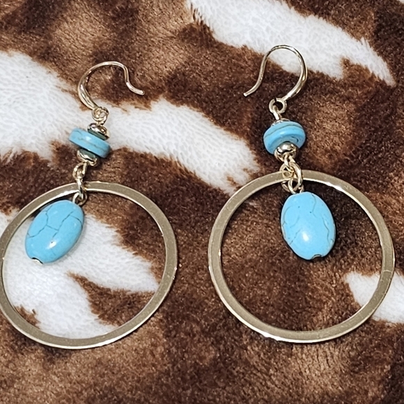 Hollow Circle Droplet Blue Turquoise Decor Dangle Earrings Retro Bohemian Style - Picture 1 of 2